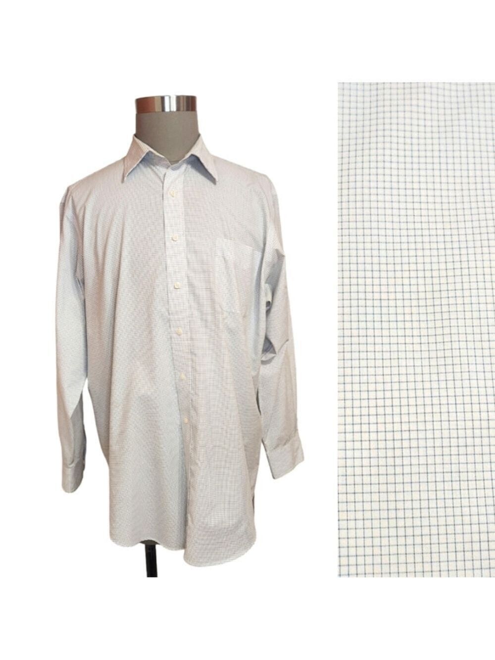 American Living Plaid Button Front Shirt White Blue Neck 17.5